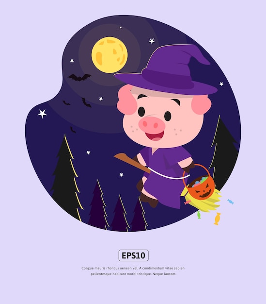 Flat illustration, Halloween with Witch flying broom, for design web, app, infographic, print, etc