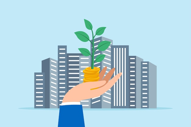 Vector flat illustration of hand holding seedling from pile coins against cityscape impact of investments on urban development