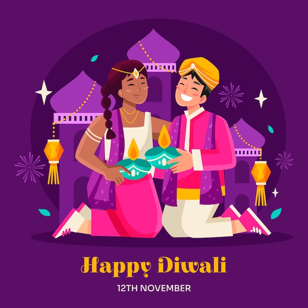 Flat illustration for hindu diwali festival celebration