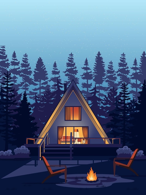 Vector flat illustration of a house in the forest cartoon illustration of a cabin with a cabin