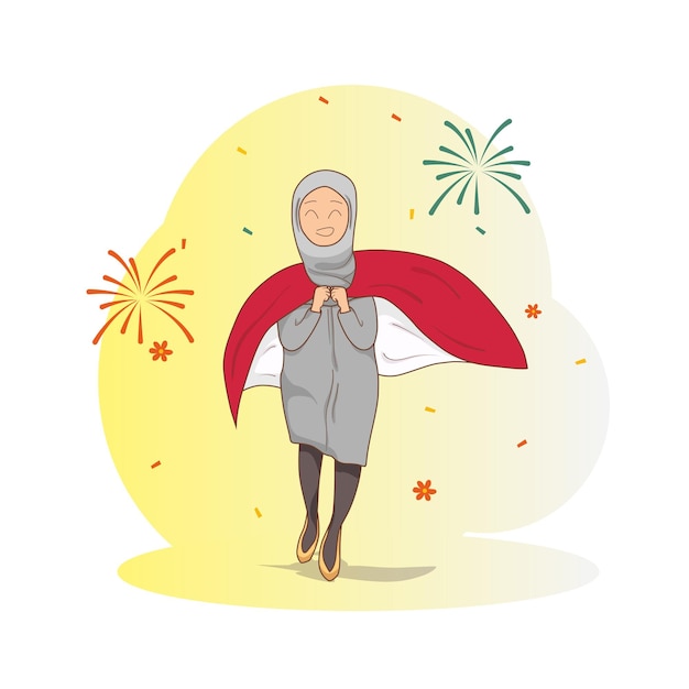 Flat illustration of indonesian independence day with person holding flag Premium Vector