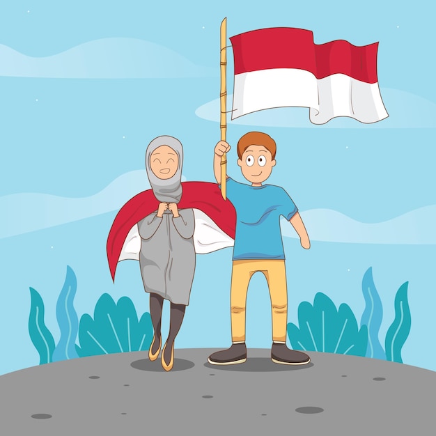 Flat illustration of indonesian independence day with person holding flag Premium Vector