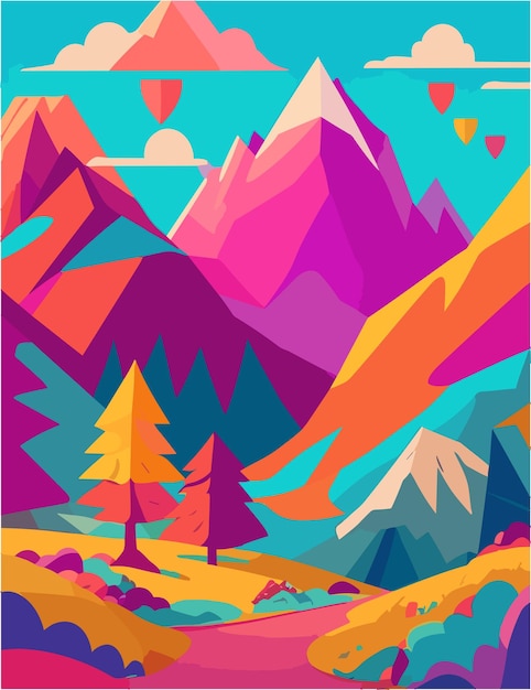 a flat illustration inspired by mountains and lake vibes