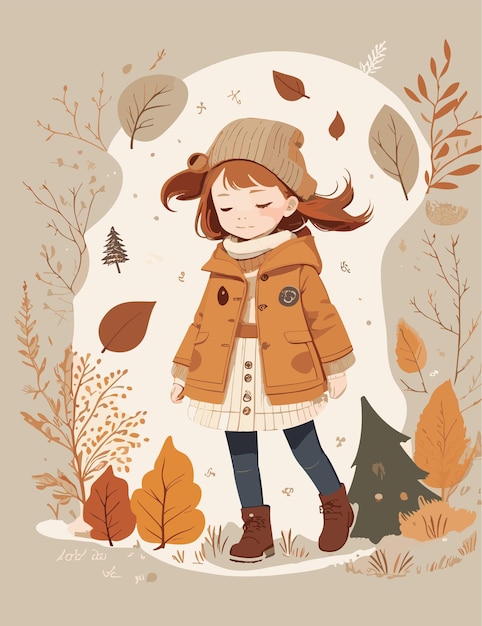 A flat illustration of kid character with fall season and landscape backgroiund