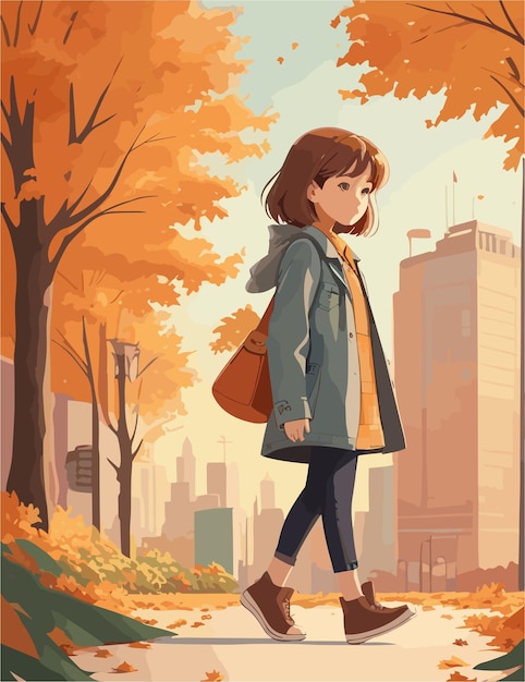 A flat illustration of kid characterin the fall season and landscape view background