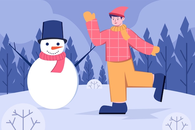 Flat illustration of kids buildin a snowman when winter