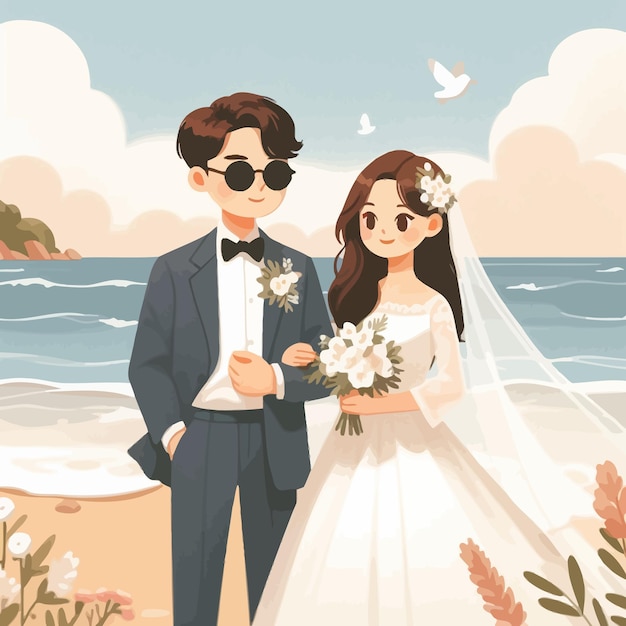 a flat illustration of a Korean couple prewedding