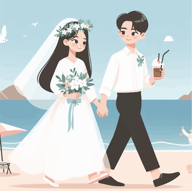 a flat illustration of a Korean couple prewedding