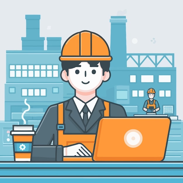 flat illustration of a Korean man working at the factory with minimalist background