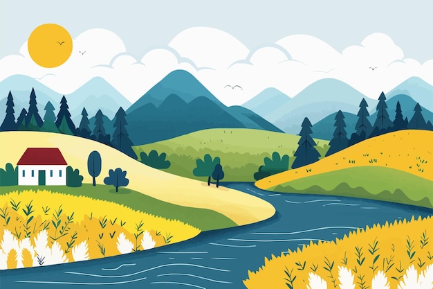 Vector flat illustration of a landscape with a river house and mountains