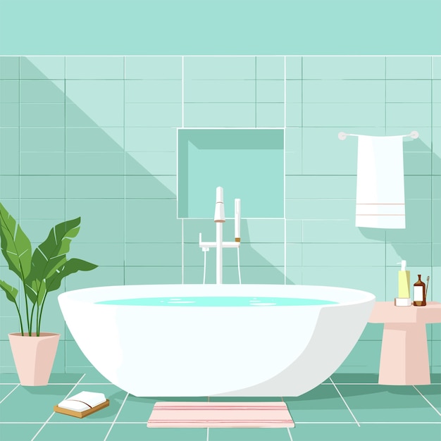 Vector flat illustration of the light cozy bathroom with plants high resolution