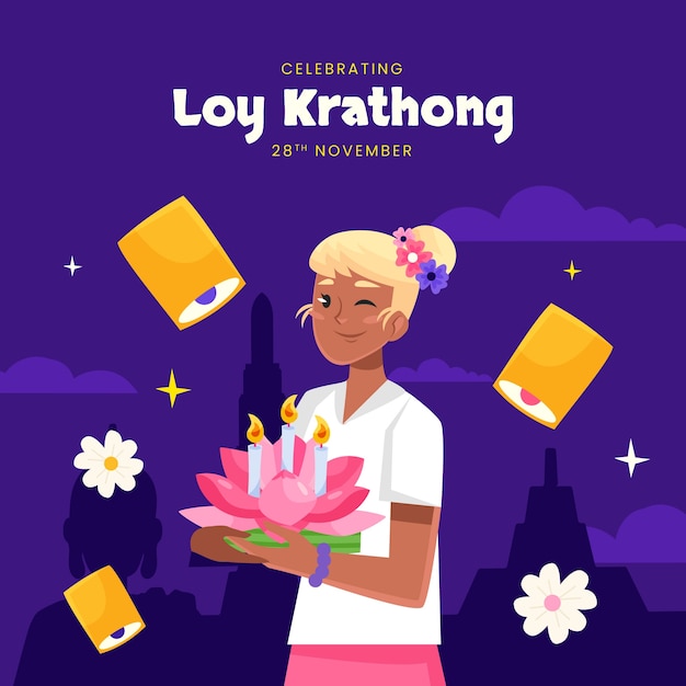 Flat illustration for loy krathong thai festival celebration