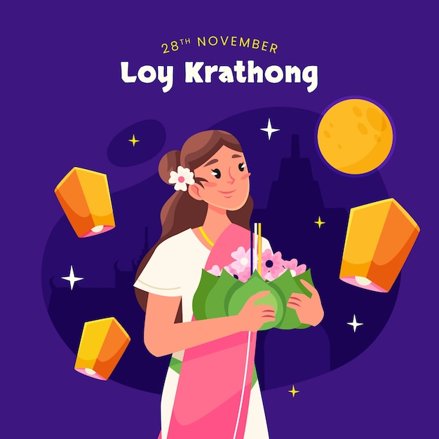 Flat illustration for loy krathong thai festival celebration