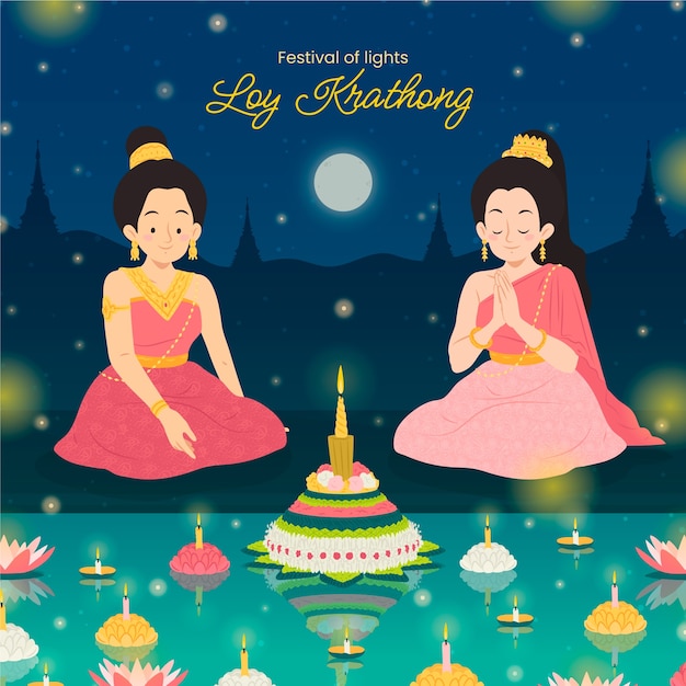 Flat illustration for loy krathong thai festival celebration