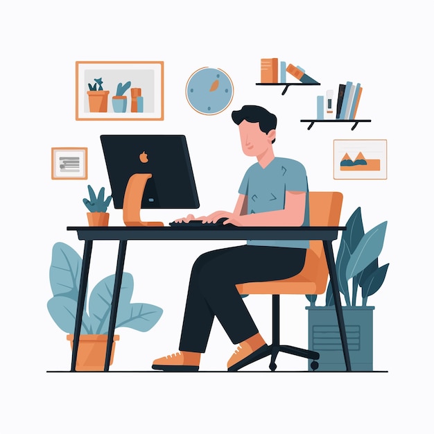 flat illustration of man on a desk using computer on white background