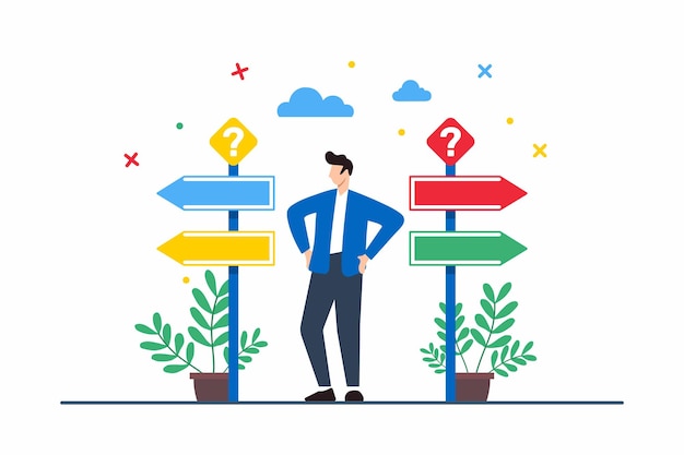 Vector flat illustration of man standing at crossroads with multiple signposts symbolizing career choices and life directions