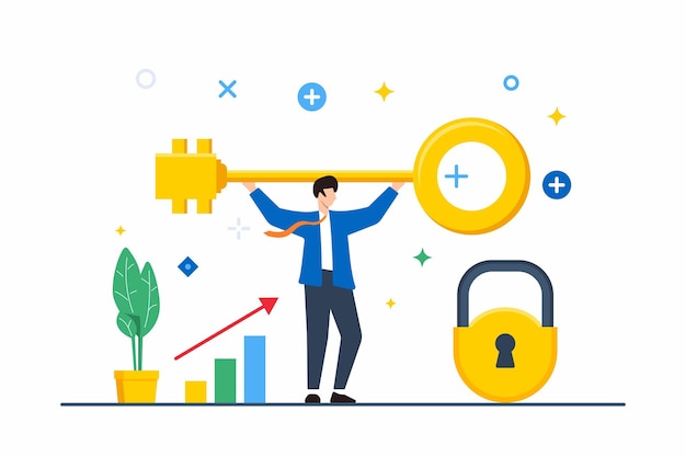 Vector flat illustration of man unlocking potential with golden key in business success scenario