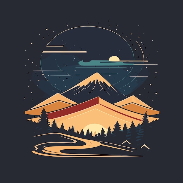 Flat illustration of midnight nature mountains with beauty sky at stary night