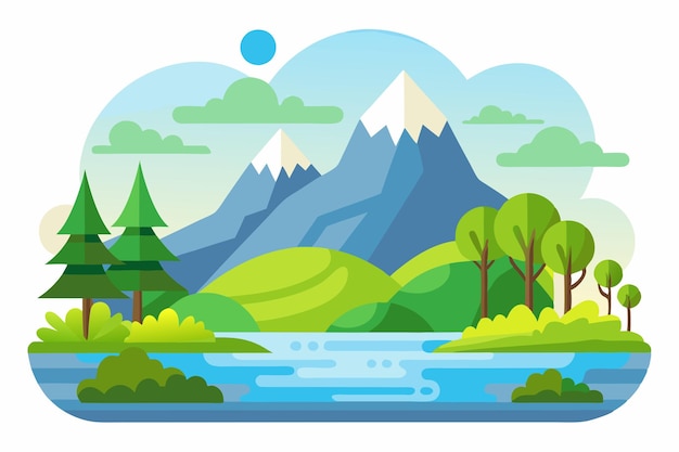 A Flat Illustration of a Mountain Range with a River and Trees