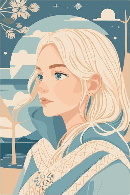 A flat illustration of nordic woman with dream cozy and calm with weathers in the background