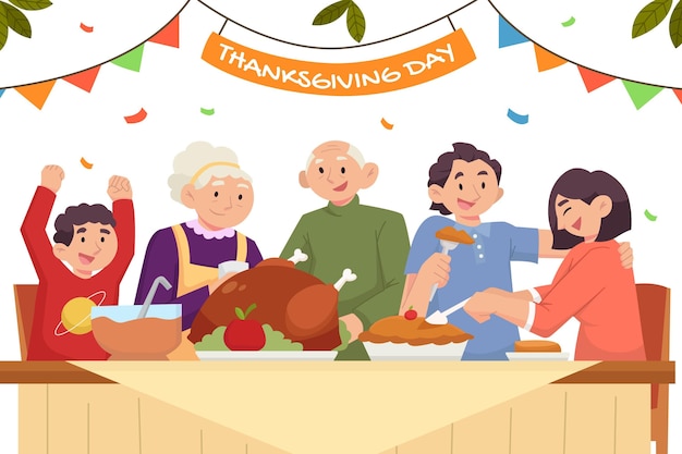 Flat illustration of people celebrating thanksgiving