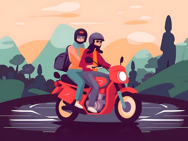 Flat illustration People driving motorcycles with helmets roads