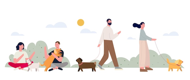 Flat illustration people with pets in park