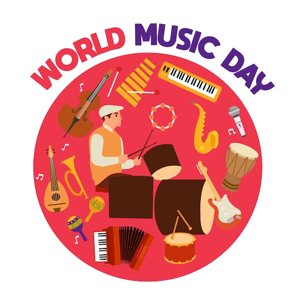 Flat illustration of a person playing drums in celebration of world music day