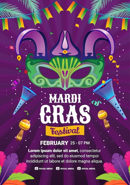 Flat illustration poster design for mardi gras festival premium vector