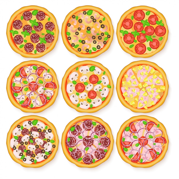 flat illustration of realistic pizza set