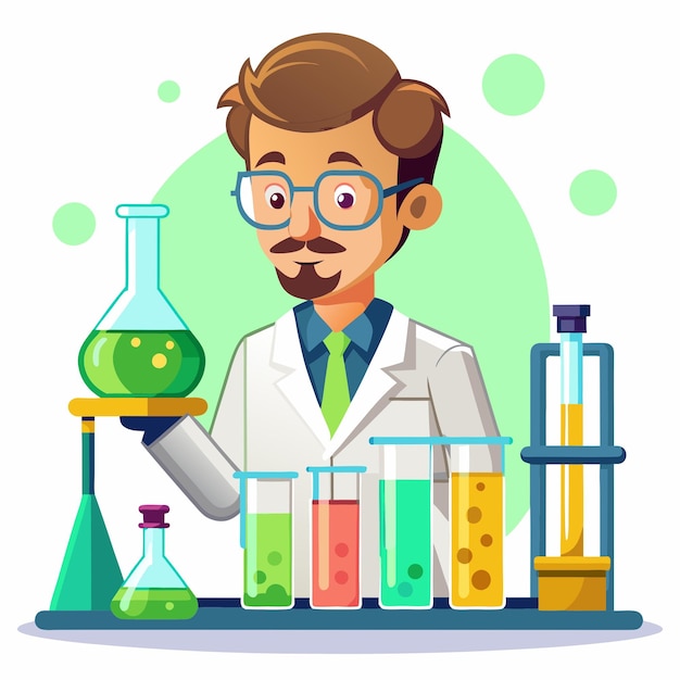 Vector flat illustration of a scientist in a lab analyzing test tubes