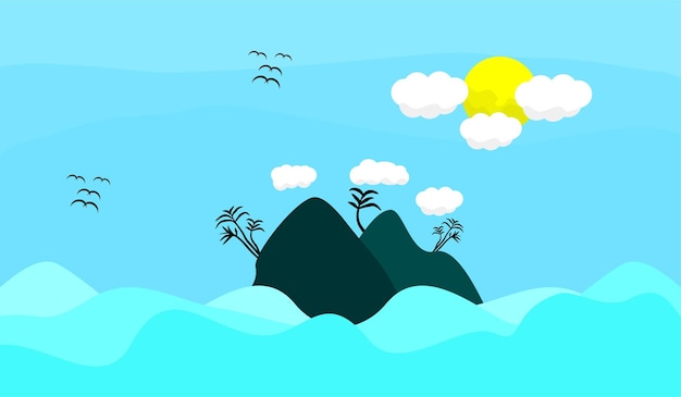 FLAT ILLUSTRATION OF SEA, WAVES, CLOUDS AND SUN VIEWS. SUITABLE FOR POSTER, BANNER, ADVERTISING, PRO