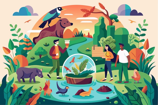 Vector a flat illustration showcases the impact of biodiversity loss with various wildlife and plant life interacting biodiversity loss customizable flat illustration