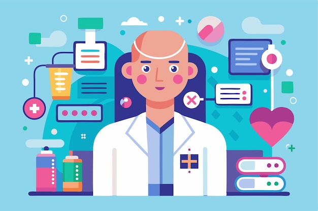 A flat illustration showcasing an oncology patient surrounded by medical equipment and healthcare symbols Customizable flat illustration of an oncology patient