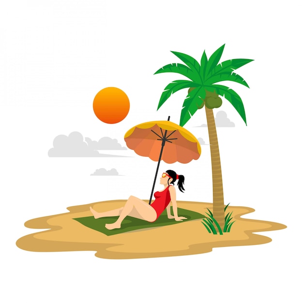 flat illustration summer holiday sit on the beach under the yellow umbrella with palm trees, sun and clouds background