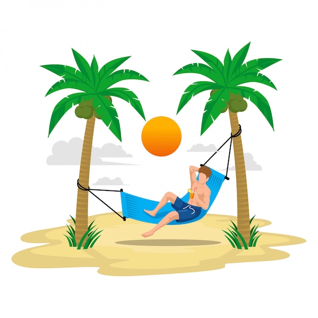 flat illustration summer holiday with beach and palm trees, enjoy the drink on the swing under the sunlight