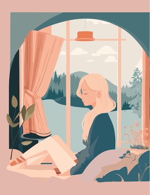 A flat illustration of swedish woman with dream cozy and calm with weathers in the background