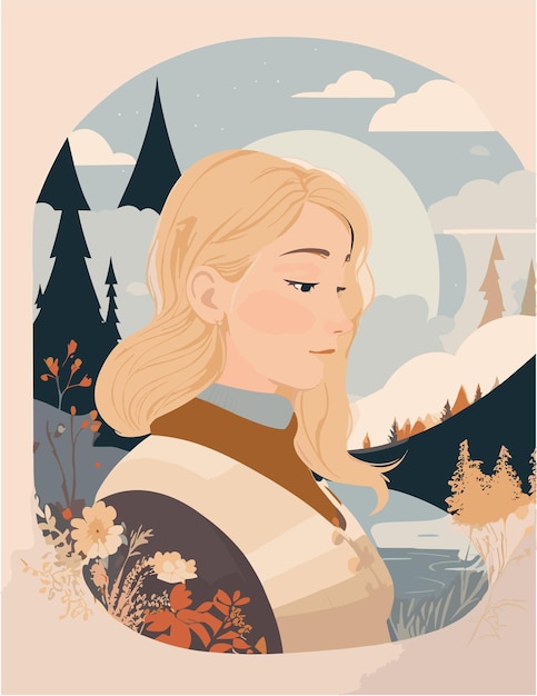 A flat illustration of swedish woman with dream cozy and calm with weathers in the background