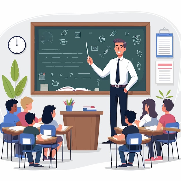 Vector flat illustration of a teacher in a class