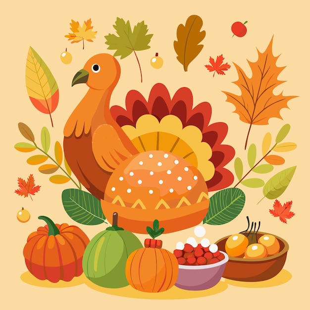 Flat illustration for thanksgiving celebration with food