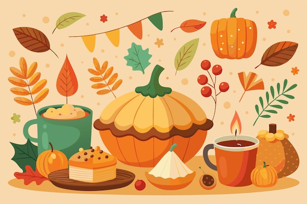 Vector flat illustration for thanksgiving celebration with food