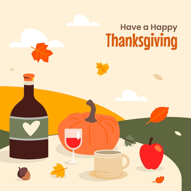 Flat illustration for thanksgiving celebration with pumpkin and drink