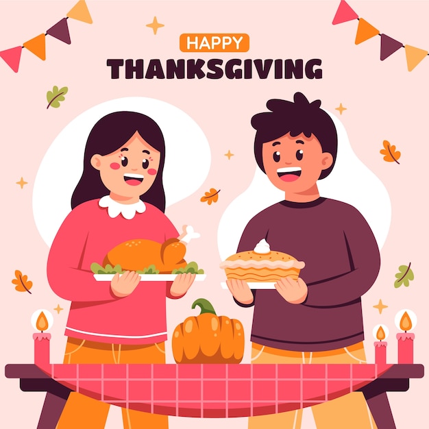 Flat illustration for thanksgiving with people holding turkey and pie at dinner table