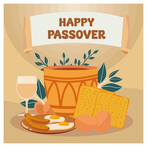 A flat illustration of the traditional matzot eggs and chalice for Passover flat vector modern illustration