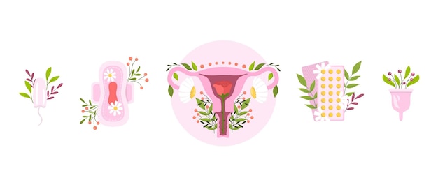 Flat illustration of uterus and feminine hygiene products with flowers