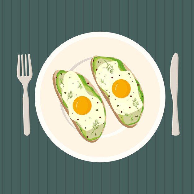 Vector flat illustration with toasts with fried egg and avocado on a plate and a knife with a fork the illustration can be used for restaurants cafes or as an illustration of everyday life