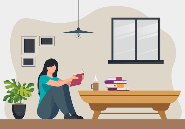 flat illustration woman relaxing reading a book in home