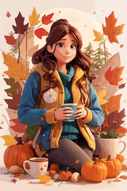 A flat illustration of woman with cozy vibes fall season