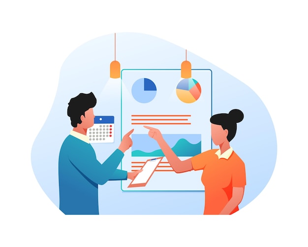 Flat Illustrationgraphic of Man and Woman working together communicate to work on the project