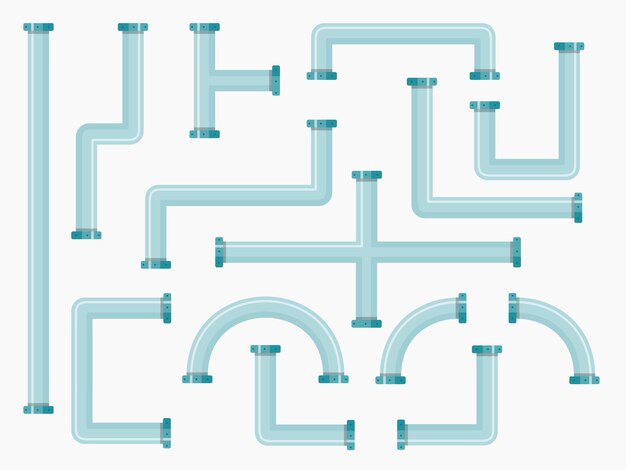 Vector flat industrial pipes collection with plumbing pipeline parts of different shapes.